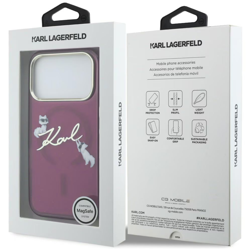 Θήκη MagSafe για Apple iPhone 18 Pro / 17 Pro, Karl Lagerfeld, IML Choupette Karl Script Logo, Βυσσινί