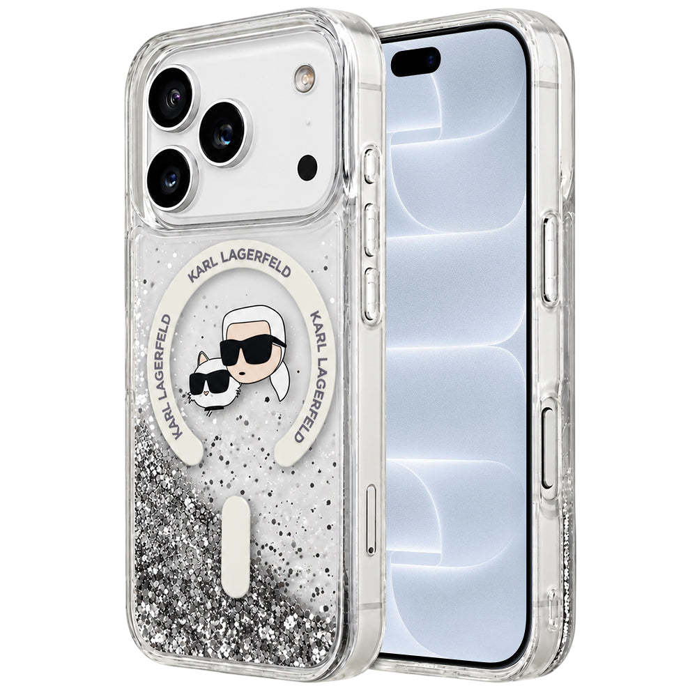 Θήκη MagSafe για Apple iPhone 18 Pro / 17 Pro, Karl Lagerfeld, Liquid Glitter Karl & Choupette Head's, Διαφανής