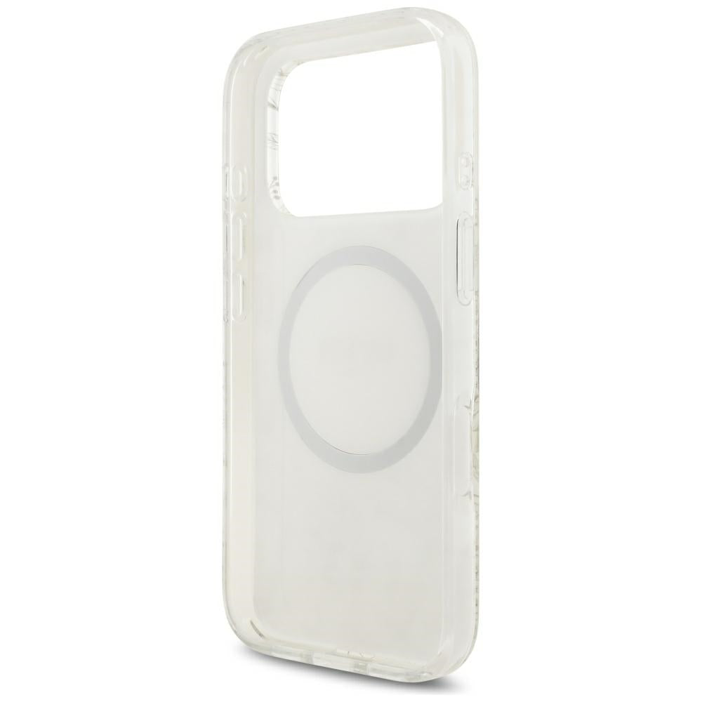 Θήκη MagSafe για Apple iPhone 18 Pro Max / 17 Pro Max, Guess, IML Flowers με ηλεκτρολυτική επίστρωση και λουράκι από μαργαριτάρι, Λευκό