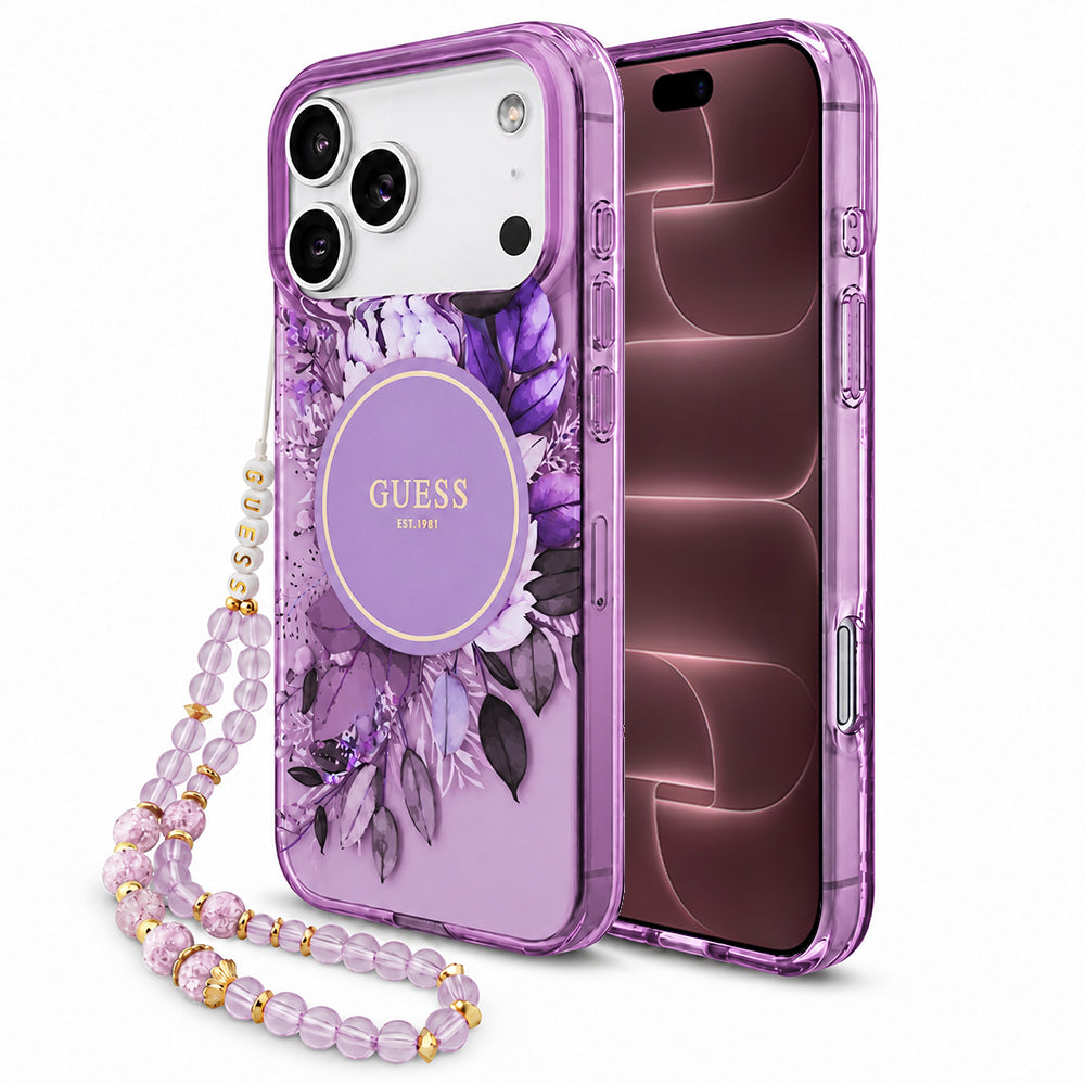 Θήκη MagSafe για Apple iPhone 18 Pro Max / 17 Pro Max, Guess, IML Flowers with Pearl Strap, Μωβ