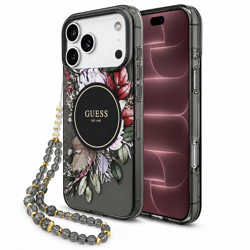 Θήκη MagSafe για Apple iPhone 18 Pro Max / 17 Pro Max, Guess, IML Flowers with Pearl Strap, Μαύρη
