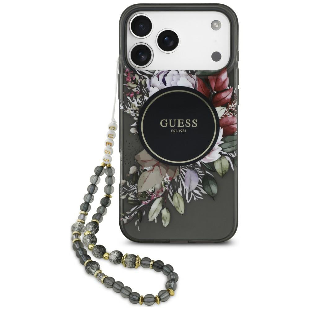 Θήκη MagSafe για Apple iPhone 18 Pro Max / 17 Pro Max, Guess, IML Flowers with Pearl Strap, Μαύρη