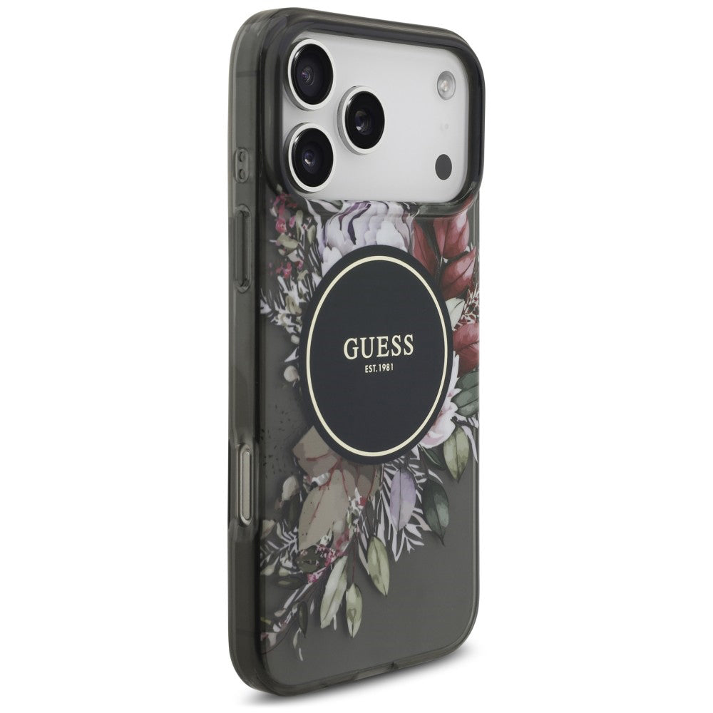 Θήκη MagSafe για Apple iPhone 18 Pro Max / 17 Pro Max, Guess, IML Flowers with Pearl Strap, Μαύρη