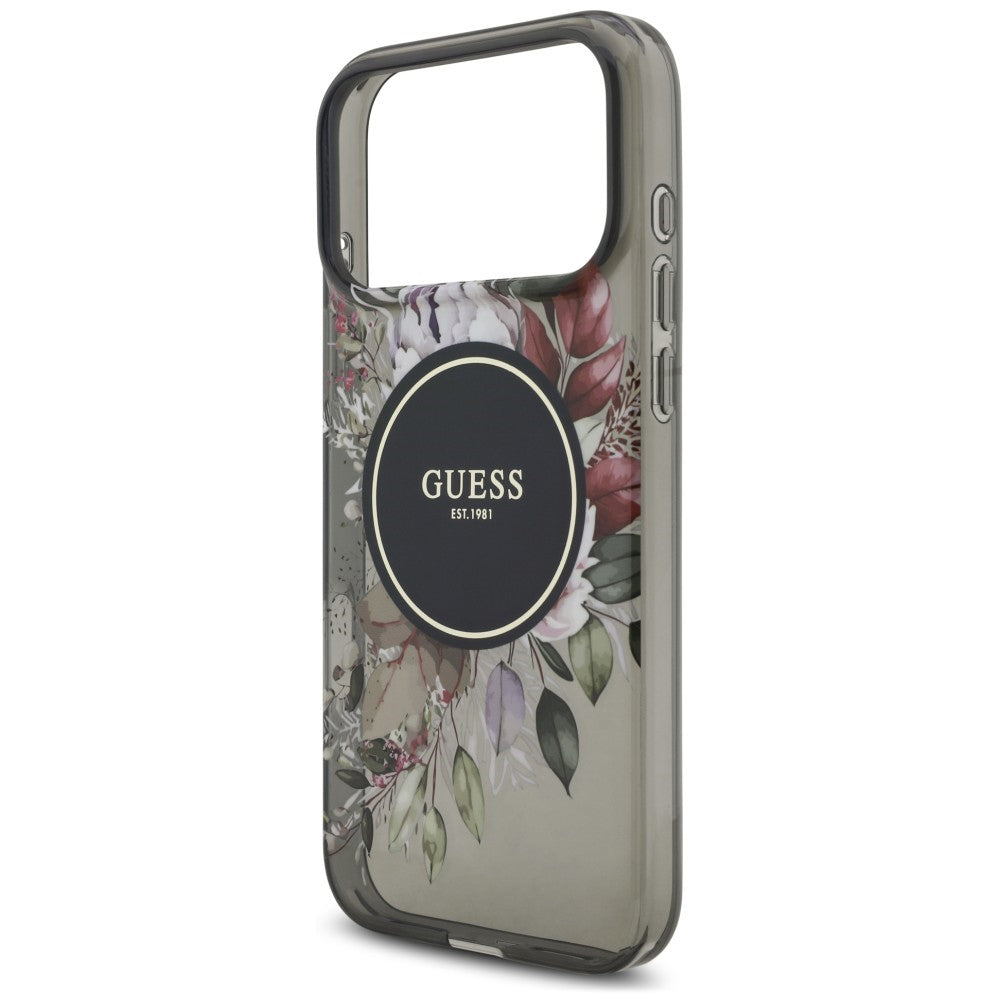 Θήκη MagSafe για Apple iPhone 18 Pro Max / 17 Pro Max, Guess, IML Flowers with Pearl Strap, Μαύρη