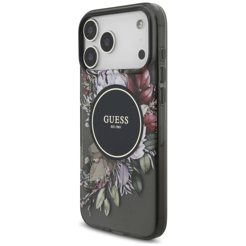Θήκη MagSafe για Apple iPhone 18 Pro Max / 17 Pro Max, Guess, IML Flowers with Pearl Strap, Μαύρη