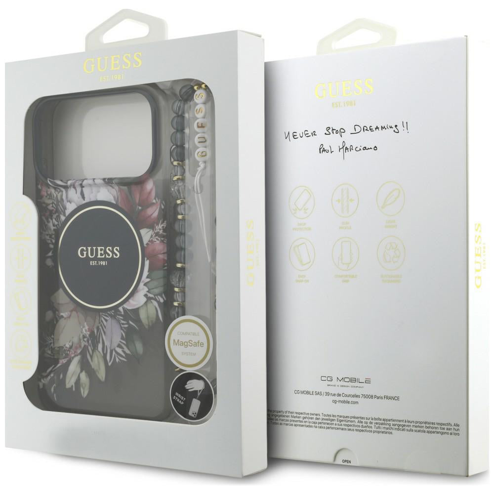Θήκη MagSafe για Apple iPhone 18 Pro Max / 17 Pro Max, Guess, IML Flowers with Pearl Strap, Μαύρη