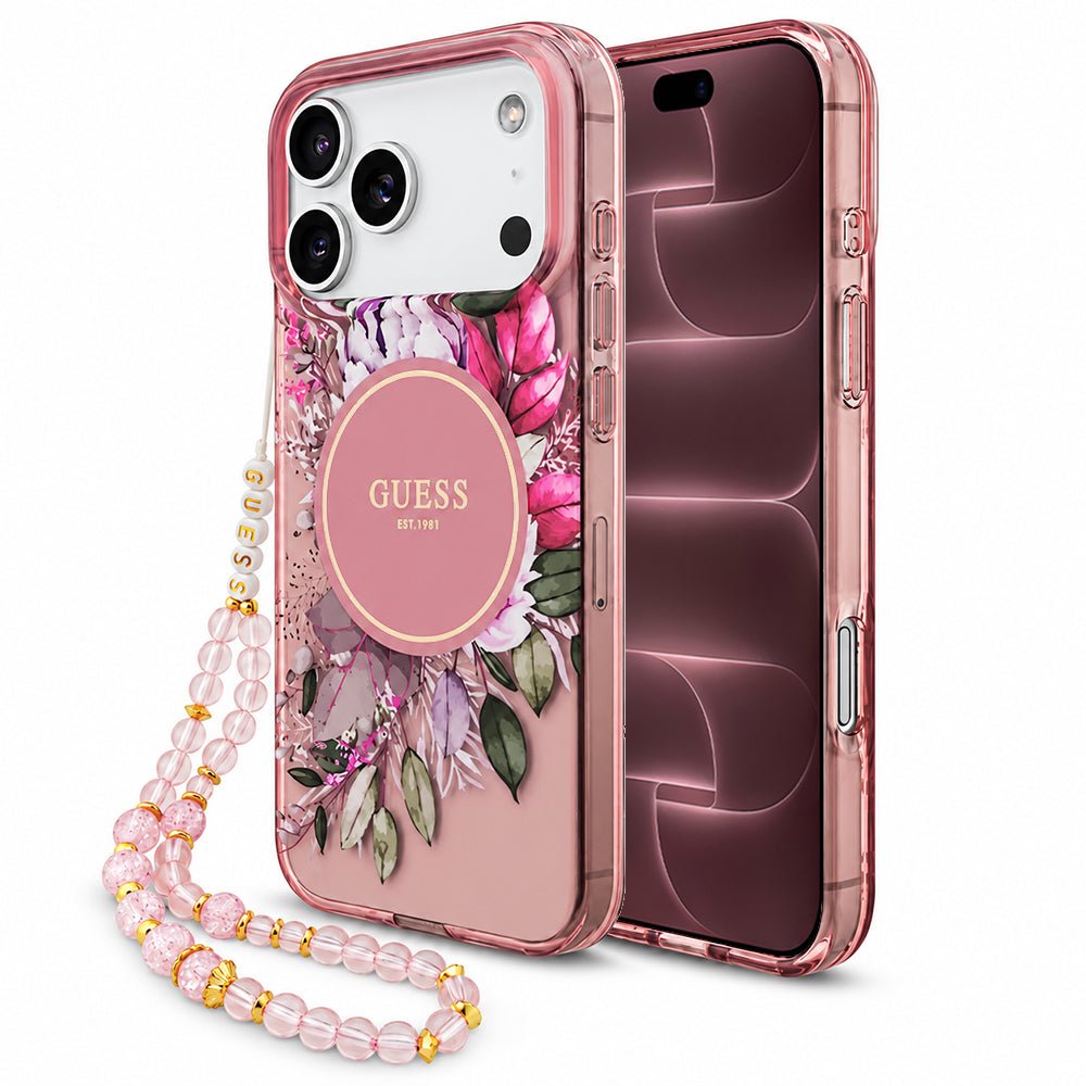 Θήκη MagSafe για Apple iPhone 18 Pro Max / 17 Pro Max, Guess, IML Flowers with Pearl Strap, Ροζ