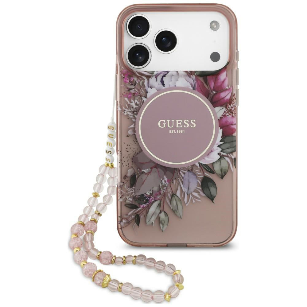 Θήκη MagSafe για Apple iPhone 18 Pro Max / 17 Pro Max, Guess, IML Flowers with Pearl Strap, Ροζ
