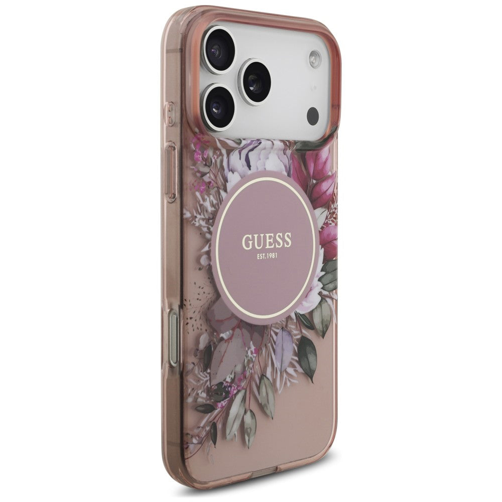 Θήκη MagSafe για Apple iPhone 18 Pro Max / 17 Pro Max, Guess, IML Flowers with Pearl Strap, Ροζ