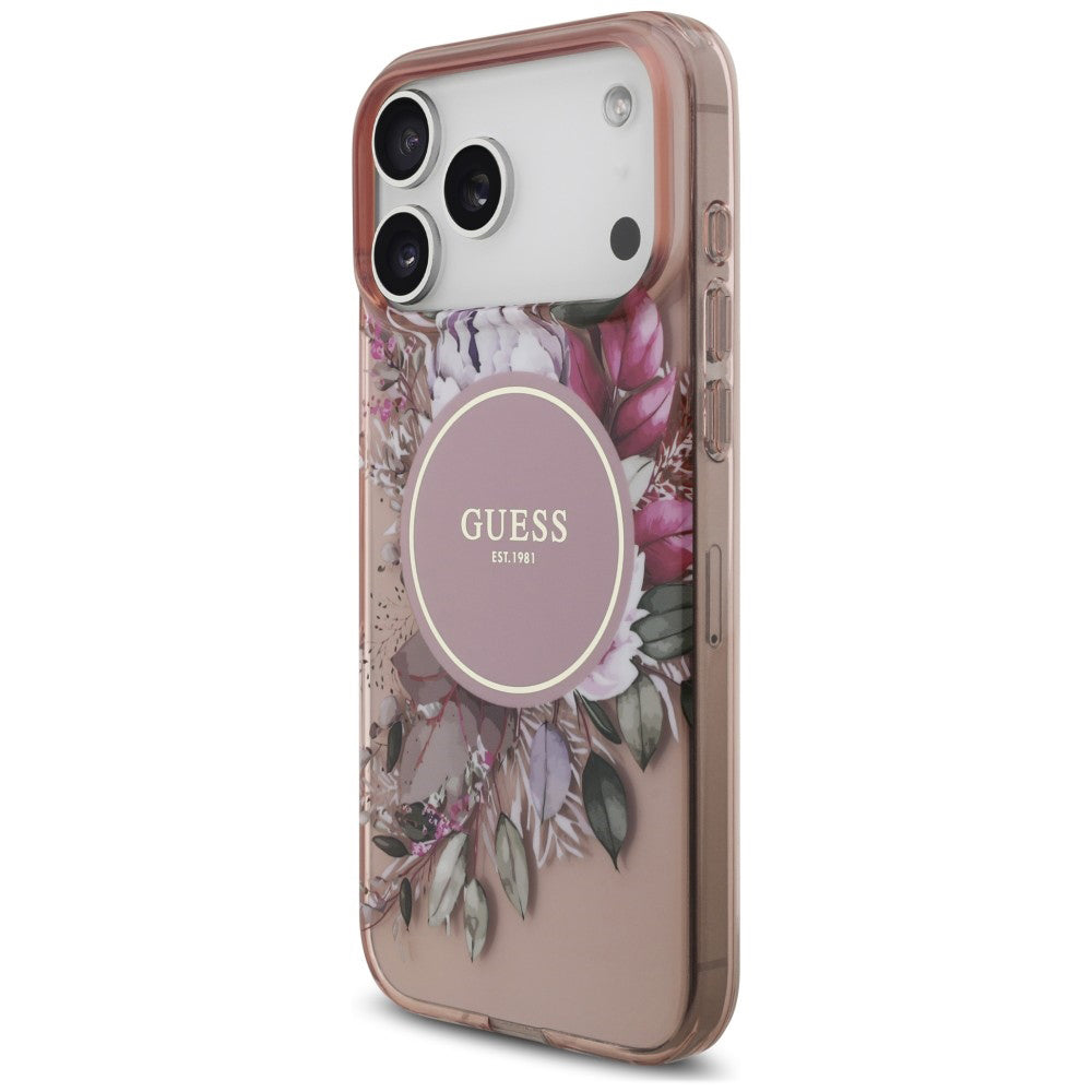 Θήκη MagSafe για Apple iPhone 18 Pro Max / 17 Pro Max, Guess, IML Flowers with Pearl Strap, Ροζ