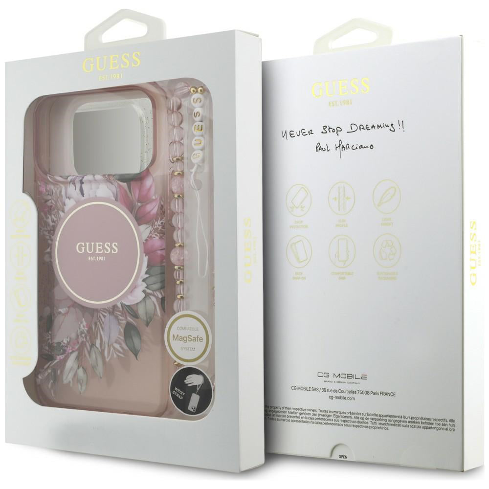 Θήκη MagSafe για Apple iPhone 18 Pro Max / 17 Pro Max, Guess, IML Flowers with Pearl Strap, Ροζ