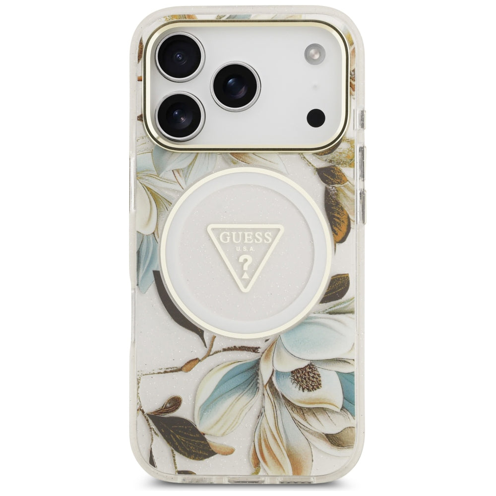 Θήκη MagSafe για Apple iPhone 18 Pro Max / 17 Pro Max, Guess, IML Metal Glitter Flowers Triangle, Λευκή