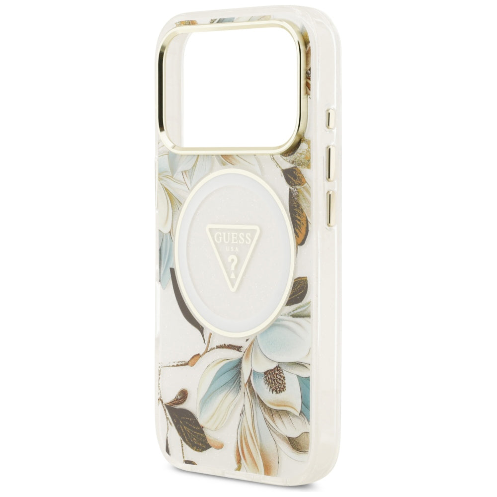 Θήκη MagSafe για Apple iPhone 18 Pro Max / 17 Pro Max, Guess, IML Metal Glitter Flowers Triangle, Λευκή