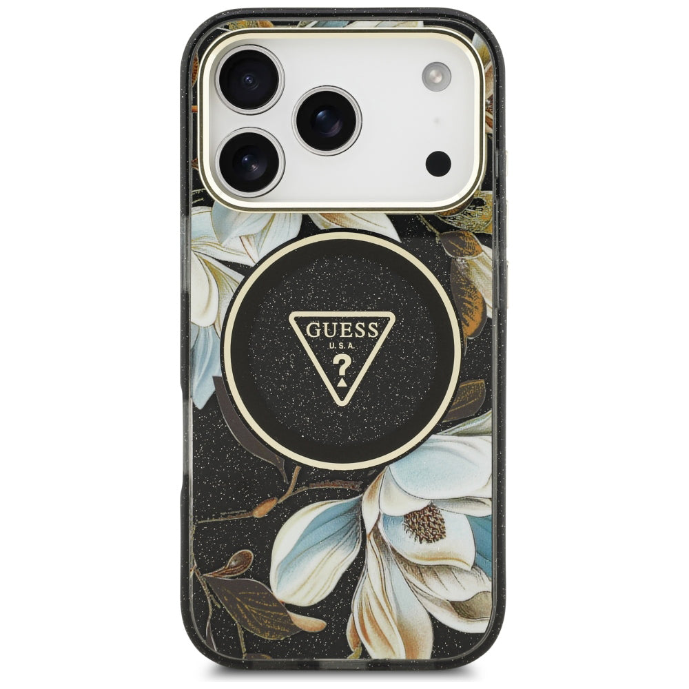 Θήκη MagSafe για Apple iPhone 18 Pro Max / 17 Pro Max, Guess, IML Metal Glitter Flowers Triangle, Μαύρη