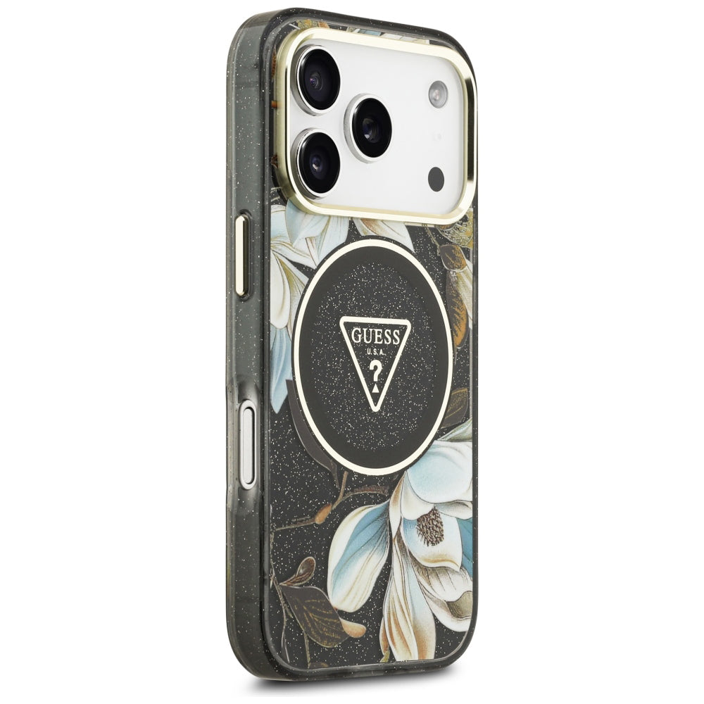 Θήκη MagSafe για Apple iPhone 18 Pro Max / 17 Pro Max, Guess, IML Metal Glitter Flowers Triangle, Μαύρη