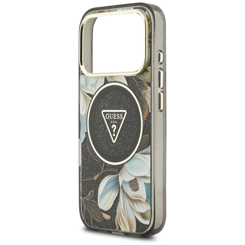 Θήκη MagSafe για Apple iPhone 18 Pro Max / 17 Pro Max, Guess, IML Metal Glitter Flowers Triangle, Μαύρη