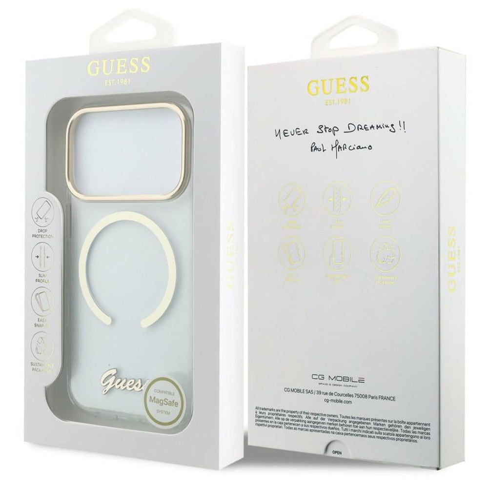 Θήκη MagSafe για Apple iPhone 18 Pro Max / 17 Pro Max, Guess, IML Script Metal, διάφανη
