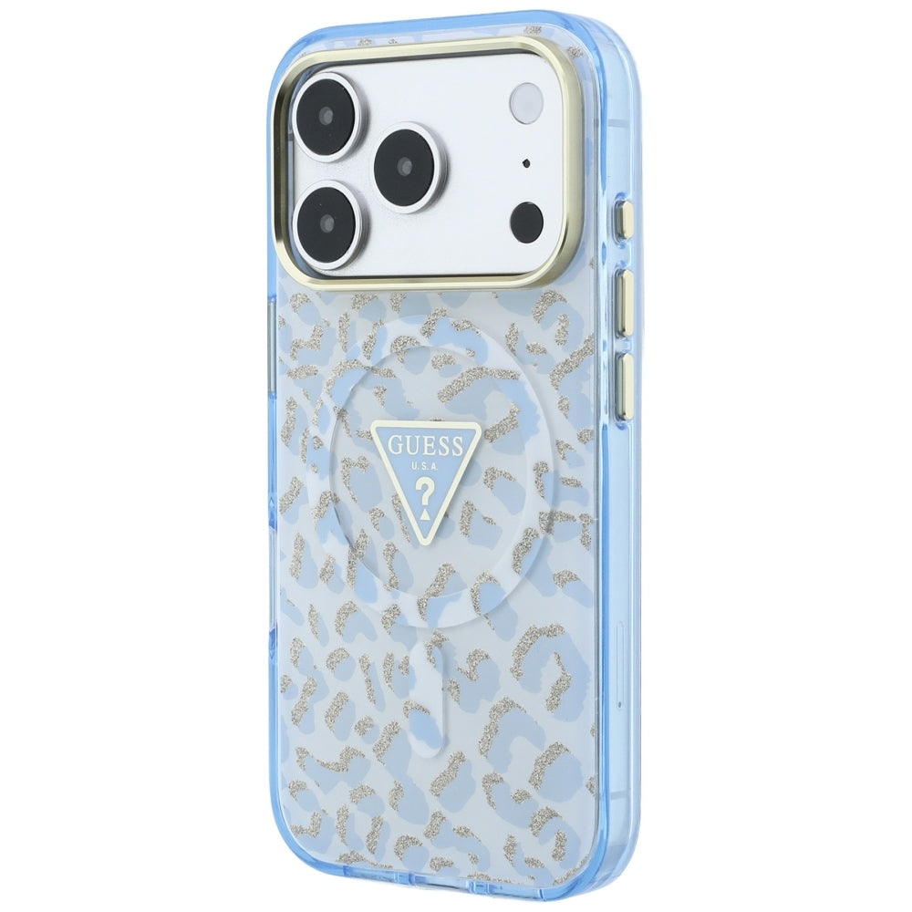 Θήκη MagSafe για Apple iPhone 18 Pro Max / 17 Pro Max, Guess, Λογότυπο Τρίγωνο με Λεοπάρ Γκλίτερ, Μπλε