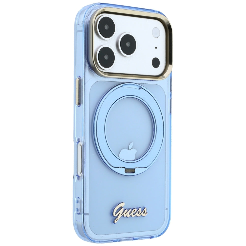 Θήκη MagSafe για Apple iPhone 18 Pro Max / 17 Pro Max, Guess, Ring Stand Script Metal Logo, Μπλε