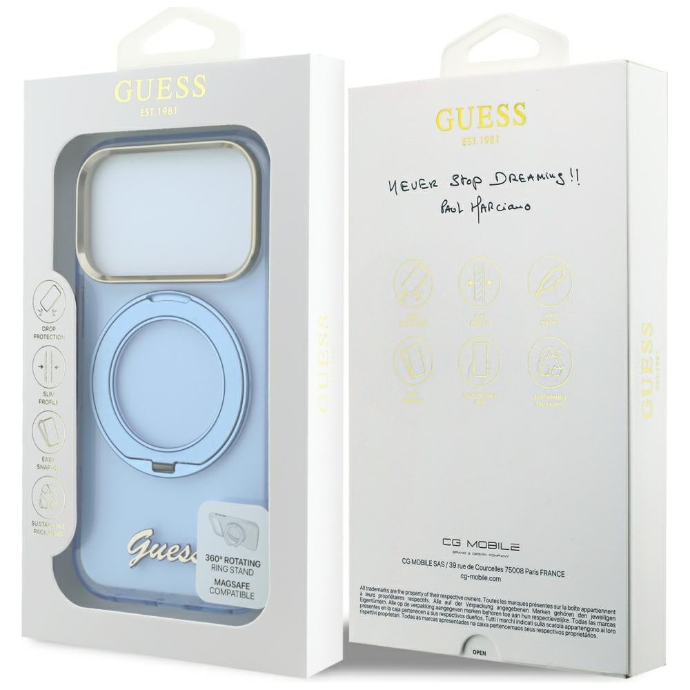 Θήκη MagSafe για Apple iPhone 18 Pro Max / 17 Pro Max, Guess, Ring Stand Script Metal Logo, Μπλε