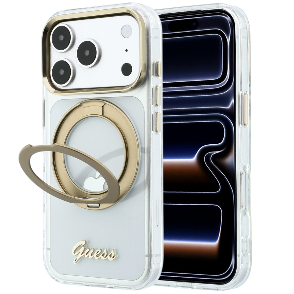 Θήκη MagSafe για Apple iPhone 18 Pro Max / 17 Pro Max, Guess, Ring Stand Script Metal Logo, Διαφανής