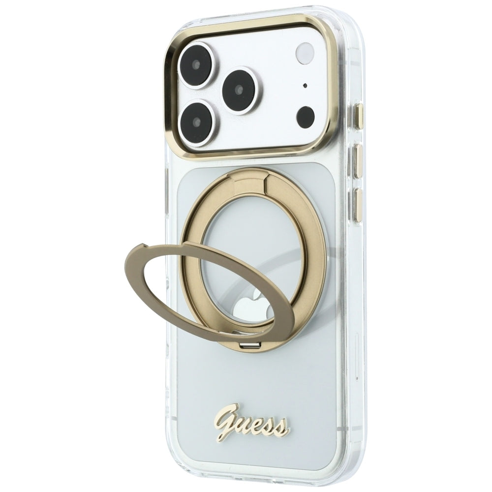 Θήκη MagSafe για Apple iPhone 18 Pro Max / 17 Pro Max, Guess, Ring Stand Script Metal Logo, Διαφανής