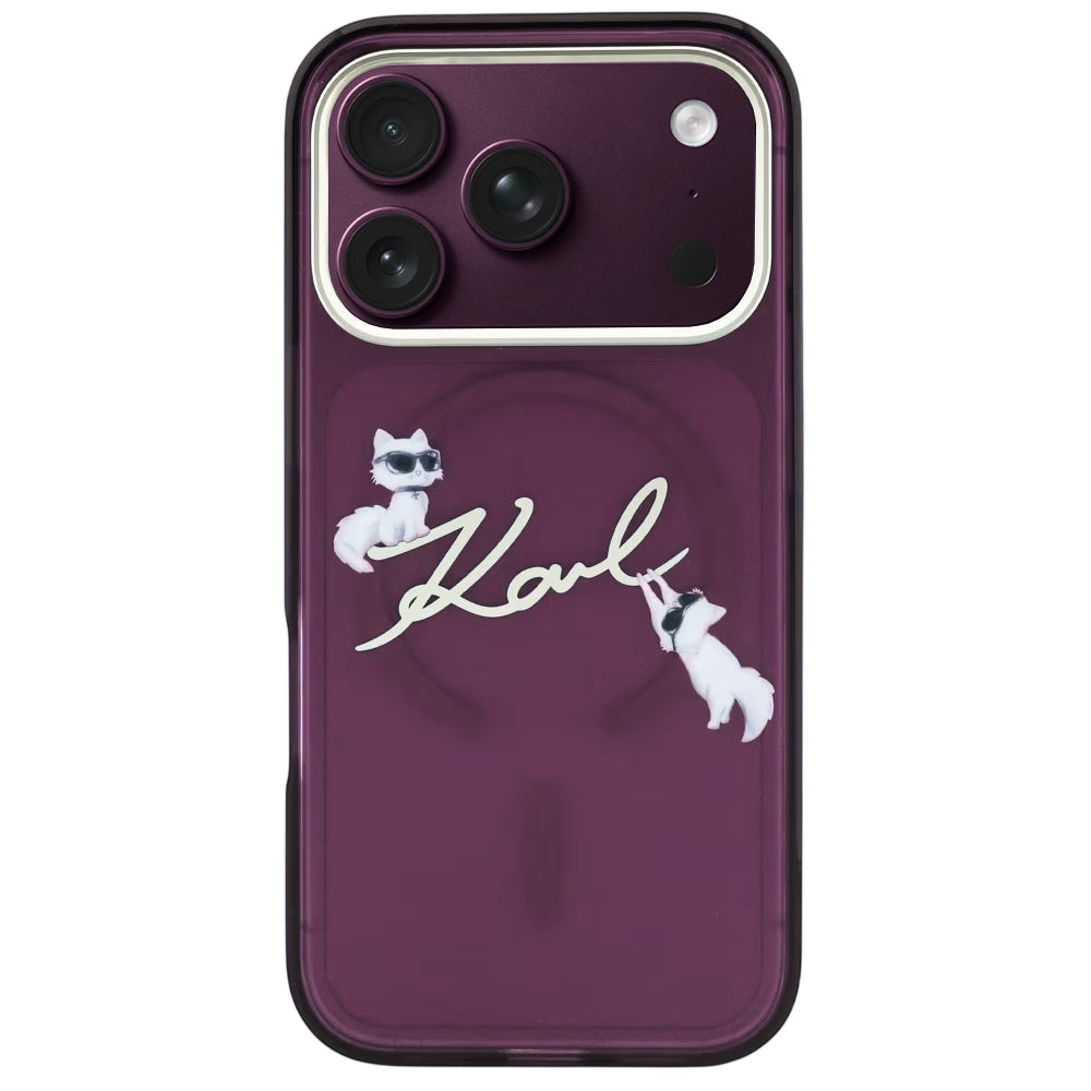 Θήκη MagSafe για Apple iPhone 18 Pro Max / 17 Pro Max, Karl Lagerfeld, IML Choupette Karl Script Logo, Βυσσινί