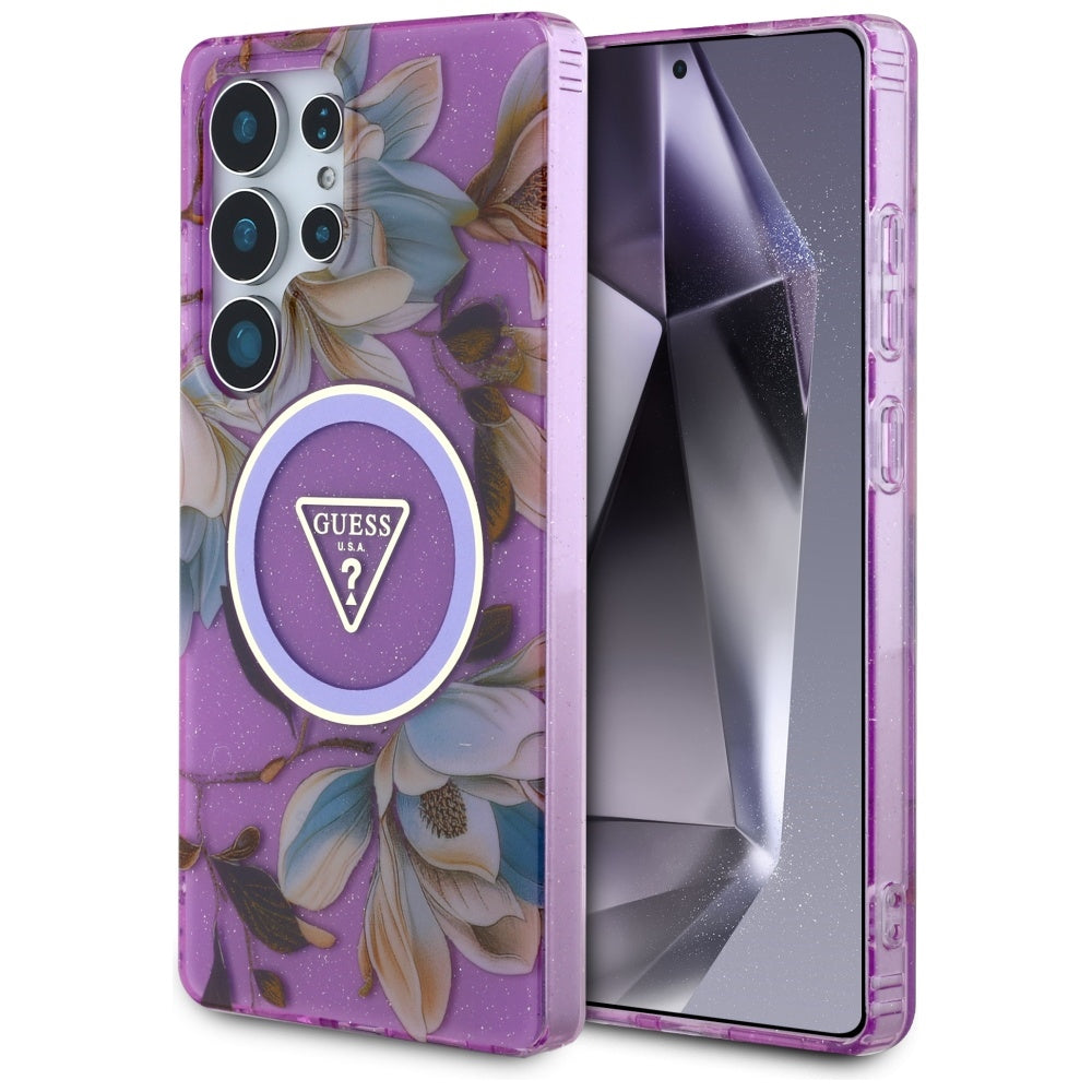 Θήκη MagSafe για Samsung Galaxy S25 Ultra S938, Guess, IML Metal Glitter Flowers Triangle, Μωβ