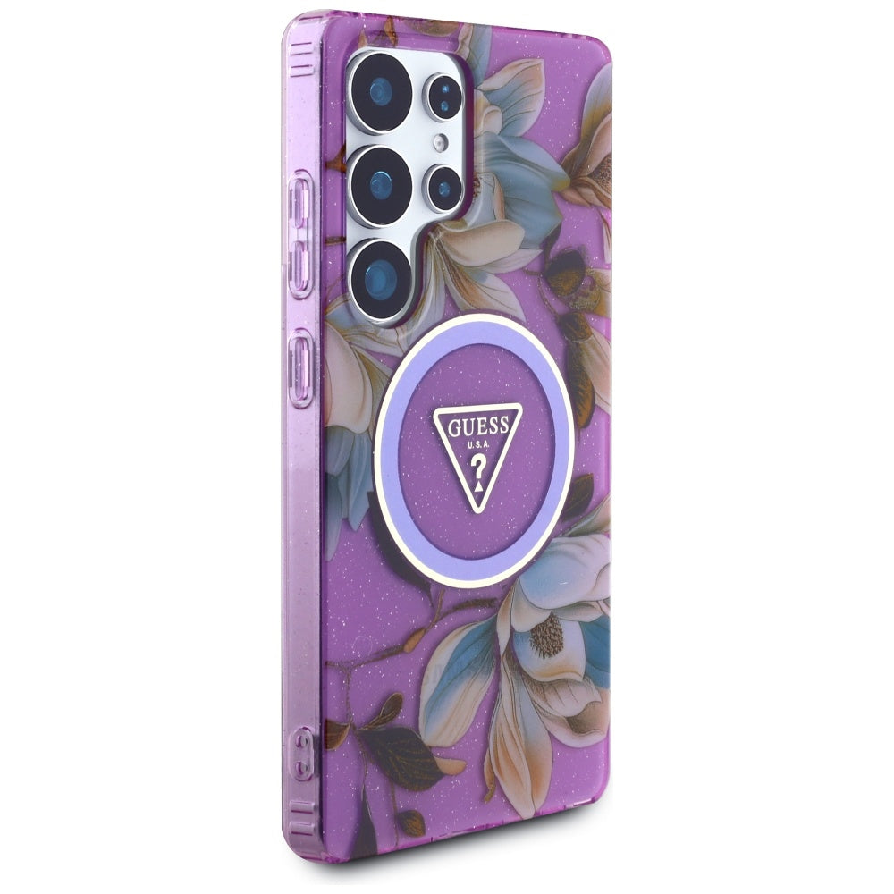 Θήκη MagSafe για Samsung Galaxy S25 Ultra S938, Guess, IML Metal Glitter Flowers Triangle, Μωβ