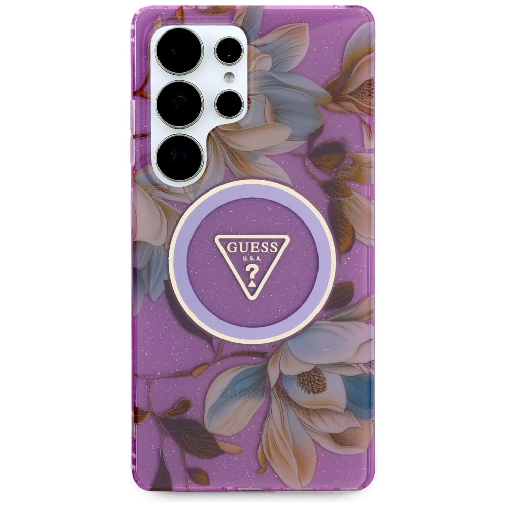 Θήκη MagSafe για Samsung Galaxy S25 Ultra S938, Guess, IML Metal Glitter Flowers Triangle, Μωβ