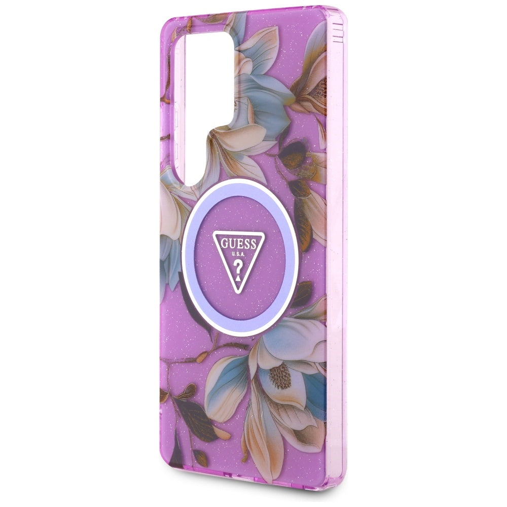 Θήκη MagSafe για Samsung Galaxy S25 Ultra S938, Guess, IML Metal Glitter Flowers Triangle, Μωβ