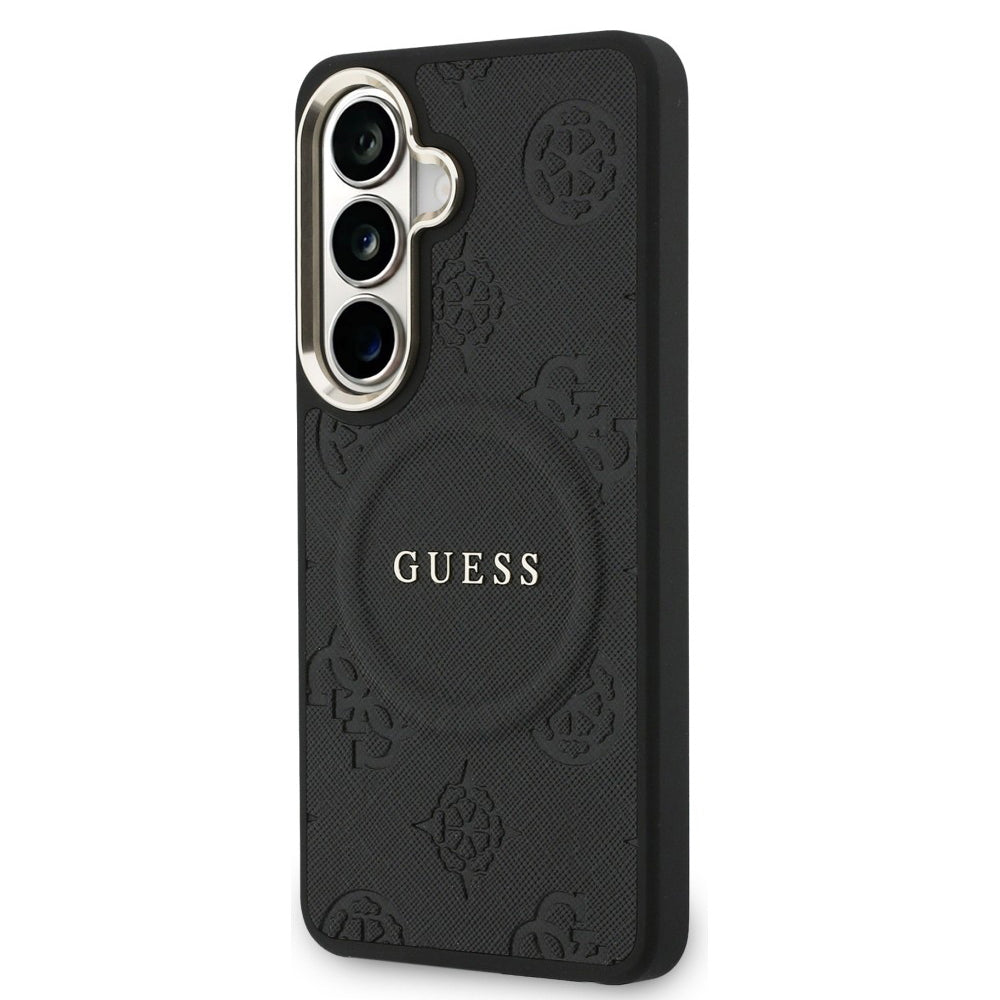 Θήκη MagSafe για Samsung Galaxy S26 S942, Guess, Saffiano Peony Embossed Ring, Μαύρη