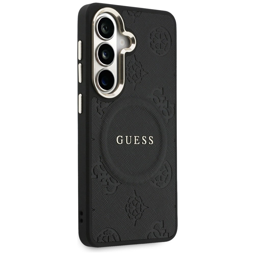 Θήκη MagSafe για Samsung Galaxy S26 S942, Guess, Saffiano Peony Embossed Ring, Μαύρη