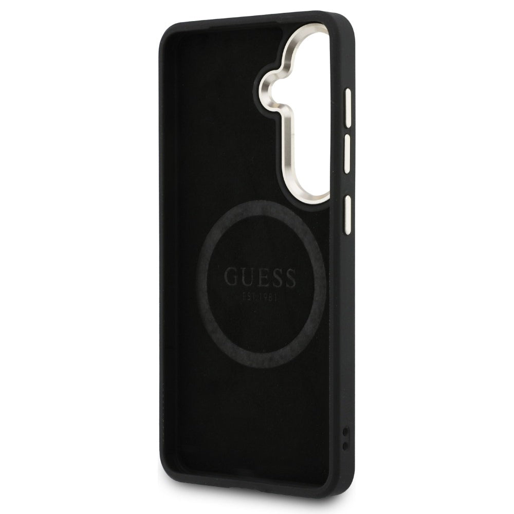 Θήκη MagSafe για Samsung Galaxy S26 S942, Guess, Saffiano Peony Embossed Ring, Μαύρη