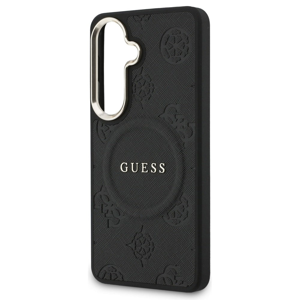 Θήκη MagSafe για Samsung Galaxy S26 S942, Guess, Saffiano Peony Embossed Ring, Μαύρη