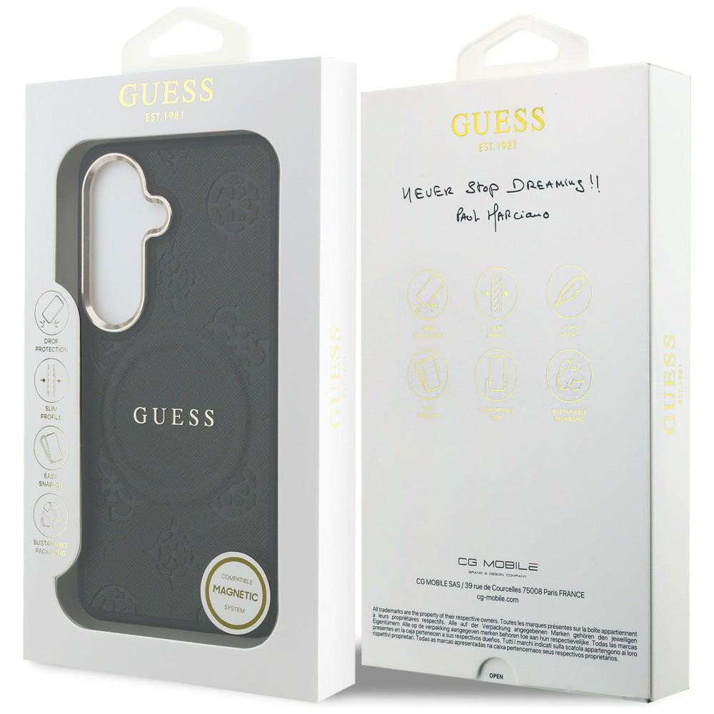 Θήκη MagSafe για Samsung Galaxy S26 S942, Guess, Saffiano Peony Embossed Ring, Μαύρη