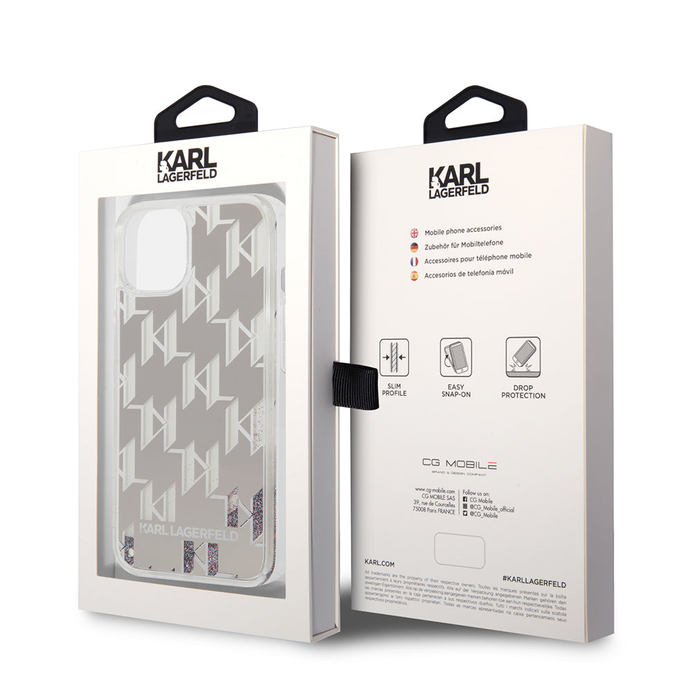 Case for Apple iPhone 14, Karl Lagerfeld, Liquid Glitter Monogram, Silver