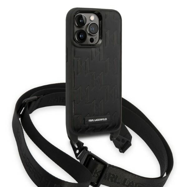 Case for Apple iPhone 14 Pro, Karl Lagerfeld, Monogram Plaque Logo with Strap, Black