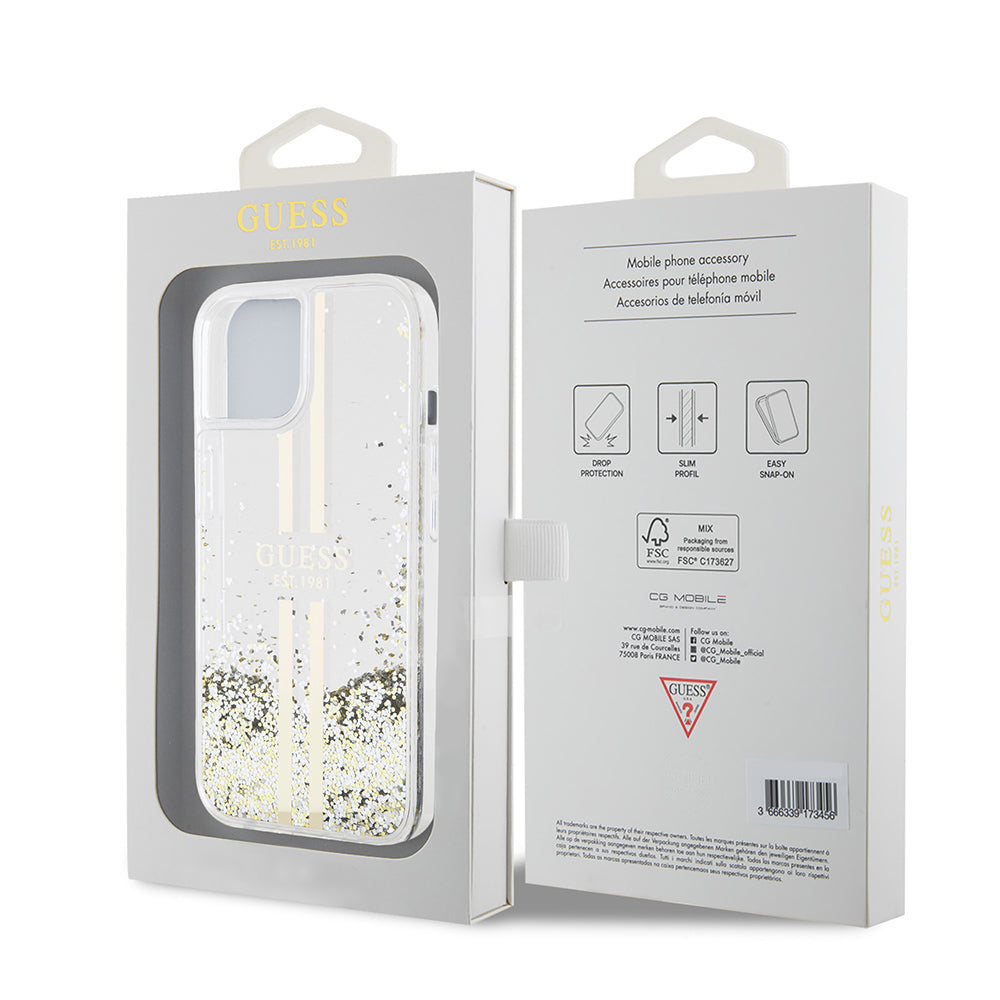 Θήκη για Apple iPhone 15, Guess, Liquid Glitter Gold Stripes, Διαφανής
