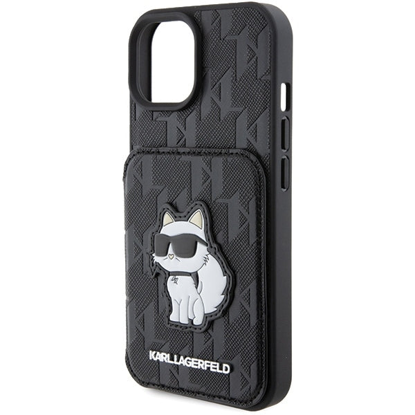 Θήκη για Apple iPhone 15, Karl Lagerfeld, Saffiano Cardslots and Stand Monogram Choupette, Μαύρη