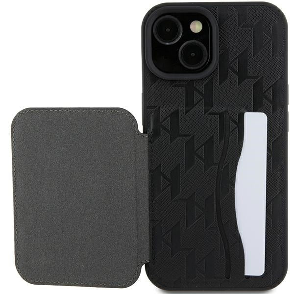 Θήκη για Apple iPhone 15, Karl Lagerfeld, Saffiano Cardslots and Stand Monogram Choupette, Μαύρη