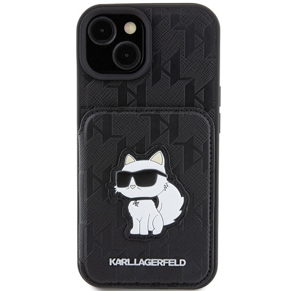 Θήκη για Apple iPhone 15, Karl Lagerfeld, Saffiano Cardslots and Stand Monogram Choupette, Μαύρη