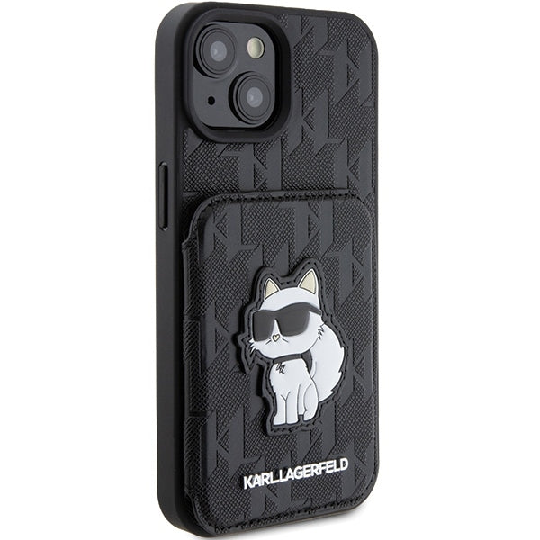 Θήκη για Apple iPhone 15, Karl Lagerfeld, Saffiano Cardslots and Stand Monogram Choupette, Μαύρη
