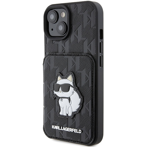 Θήκη για Apple iPhone 15, Karl Lagerfeld, Saffiano Cardslots and Stand Monogram Choupette, Μαύρη