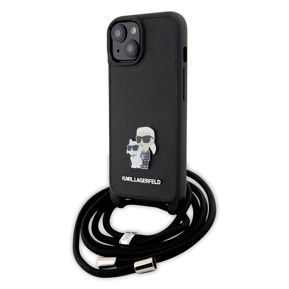 Θήκη για Apple iPhone 15, Karl Lagerfeld, Saffiano Crossbody Metal Pin Karl & Choupette, Μαύρη