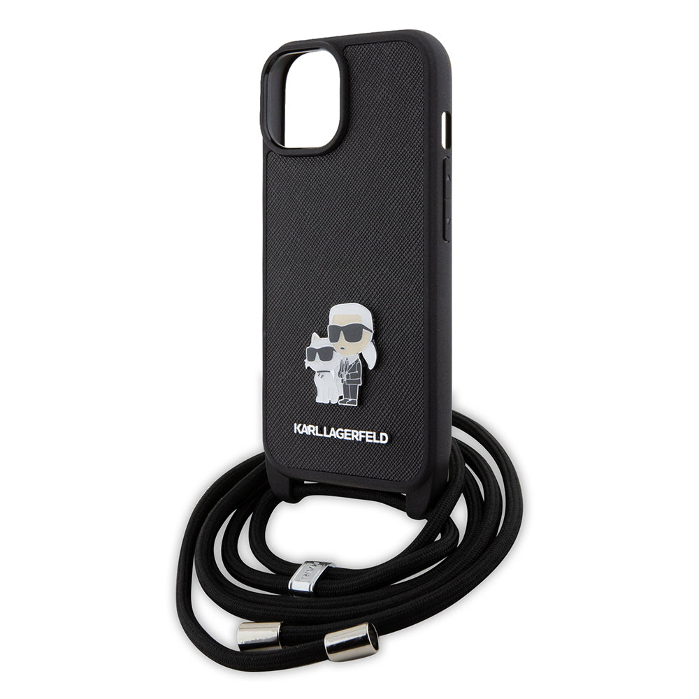 Θήκη για Apple iPhone 15, Karl Lagerfeld, Saffiano Crossbody Metal Pin Karl & Choupette, Μαύρη