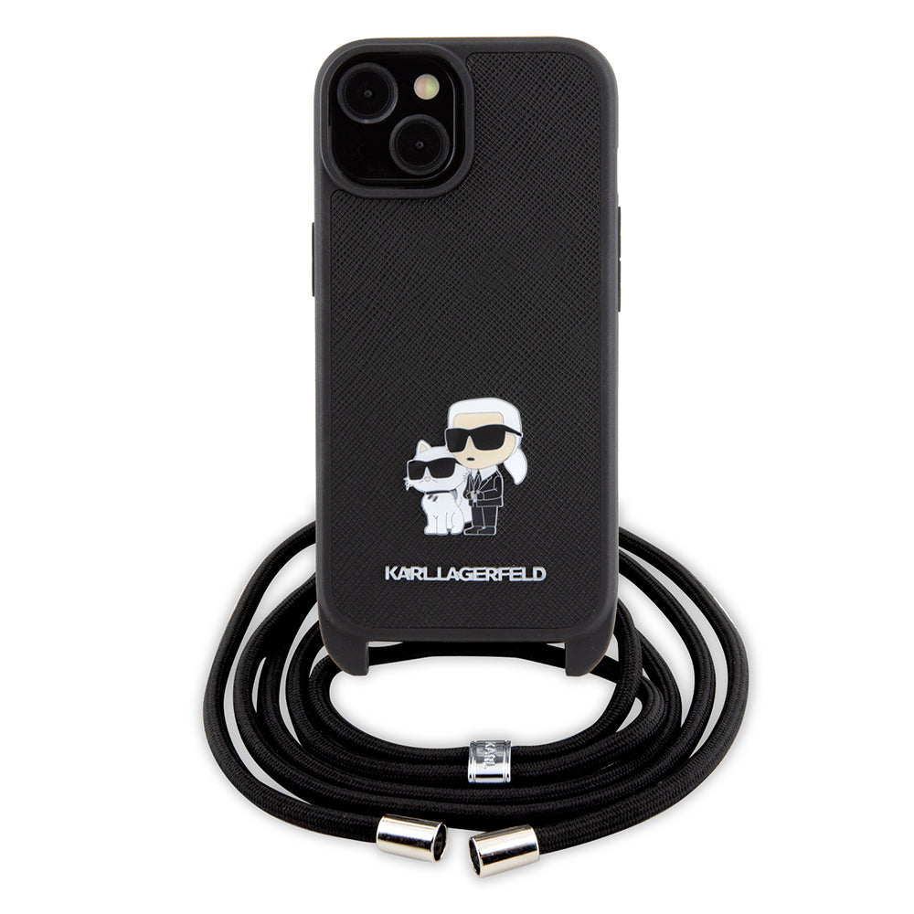 Θήκη για Apple iPhone 15, Karl Lagerfeld, Saffiano Crossbody Metal Pin Karl & Choupette, Μαύρη