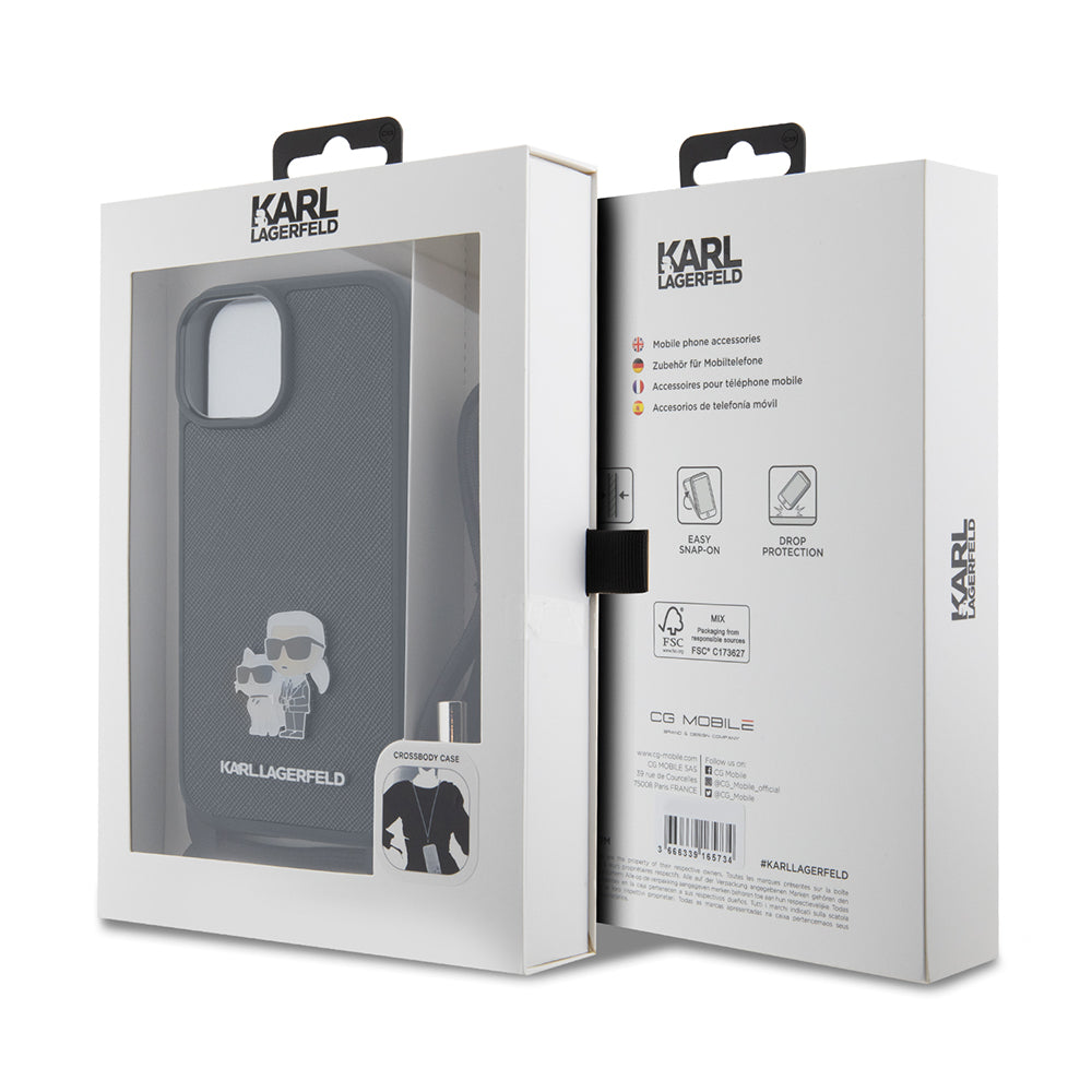 Θήκη για Apple iPhone 15, Karl Lagerfeld, Saffiano Crossbody Metal Pin Karl & Choupette, Μαύρη