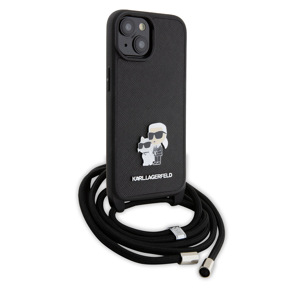 Θήκη για Apple iPhone 15, Karl Lagerfeld, Saffiano Crossbody Metal Pin Karl & Choupette, Μαύρη