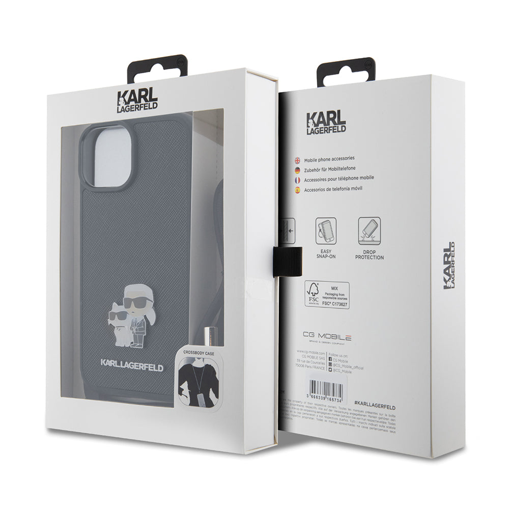 Θήκη για Apple iPhone 15 Plus, Karl Lagerfeld, Saffiano Crossbody Metal Pin Karl & Choupette, Μαύρη